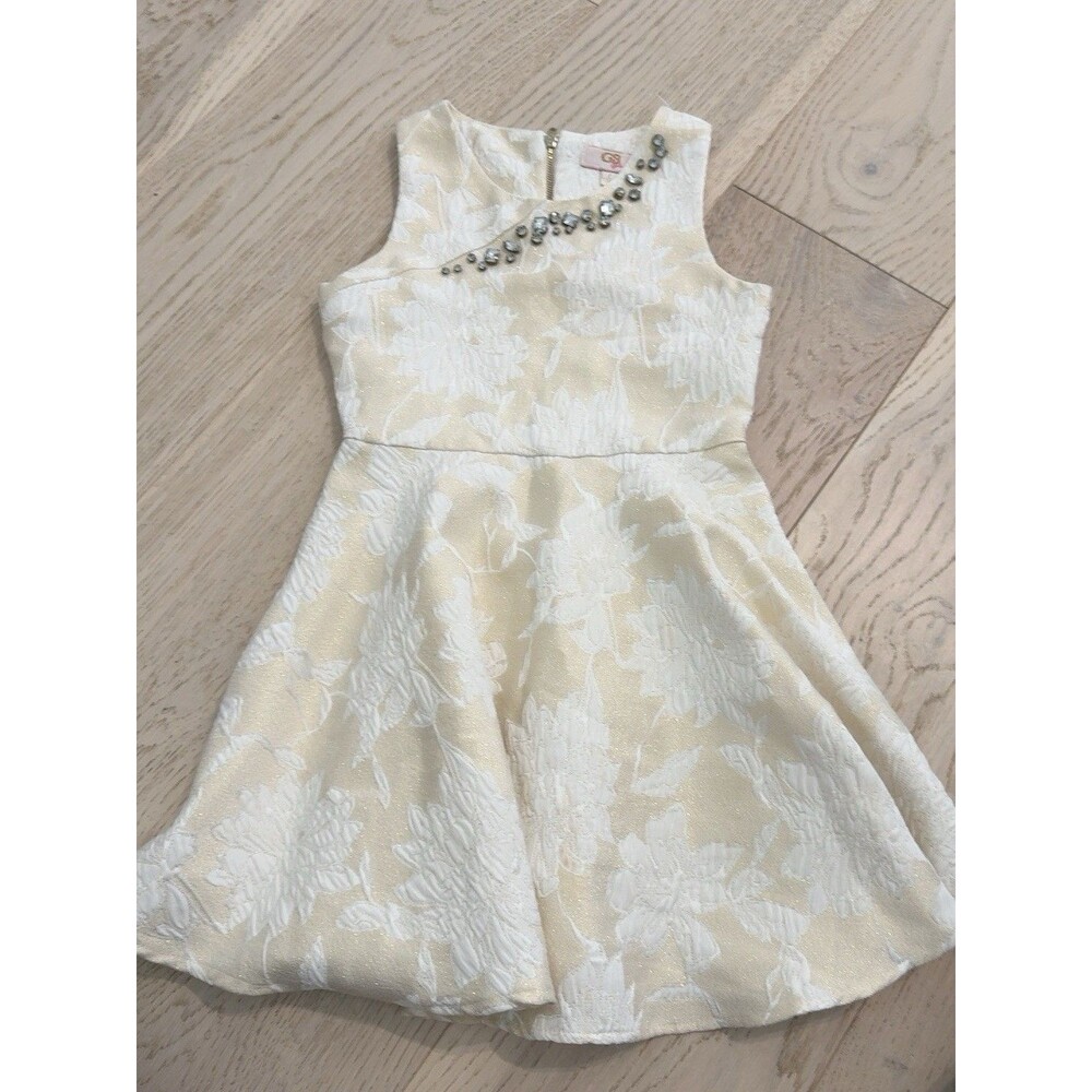 GB Girls Size 7 Ivory Floral Jacquard Fit & Flare Beaded Knee Dress